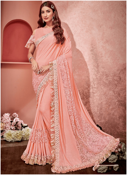 MODERN DESIGN PEACH COLOR EMBROIDERED SAREE 