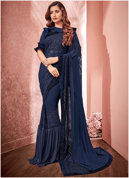 DESIGNER NAVY BLOUSE EMBROIDERED SAREE 