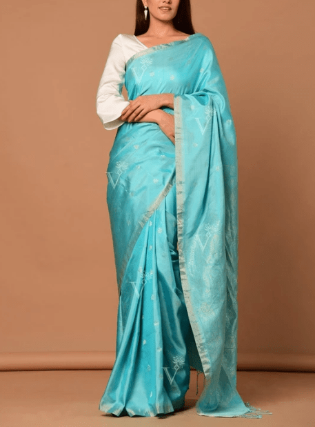 Aqua Blue Banarasi Silk Floral Botti Saree