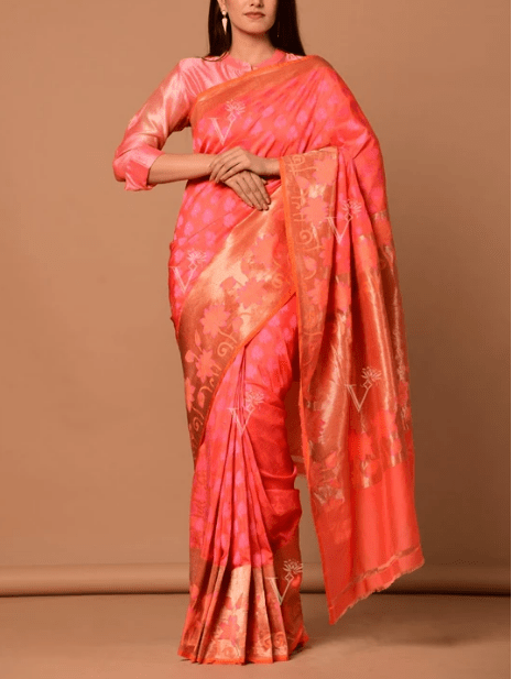 Pink And Peach Banarasi Silk Two-Tone Saree